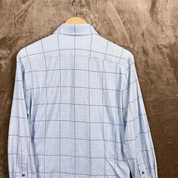 Emanuel Berg Modern Fit Checkered Dress Shirt Men M/L Blue White Stretch Soft - Picture 7 of 13